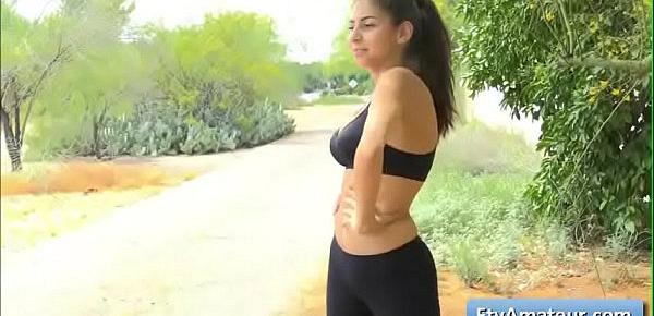  Sexy teen Nina goes for a jog and shoe her big natural boobs and nice tight ass outside